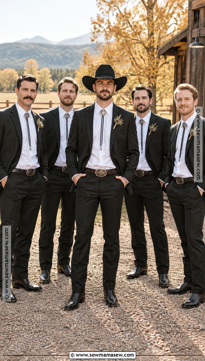 Black Groomsmen Suit With Bolo Tie And Boots - 15 fall wedding groomsmen attire black ideas