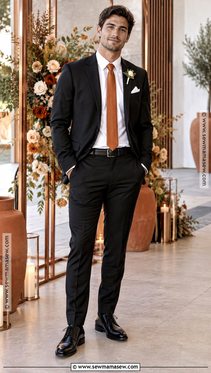Black Groomsmen Suit With Burnt Orange Tie - 25 fall groomsmen attire ideas