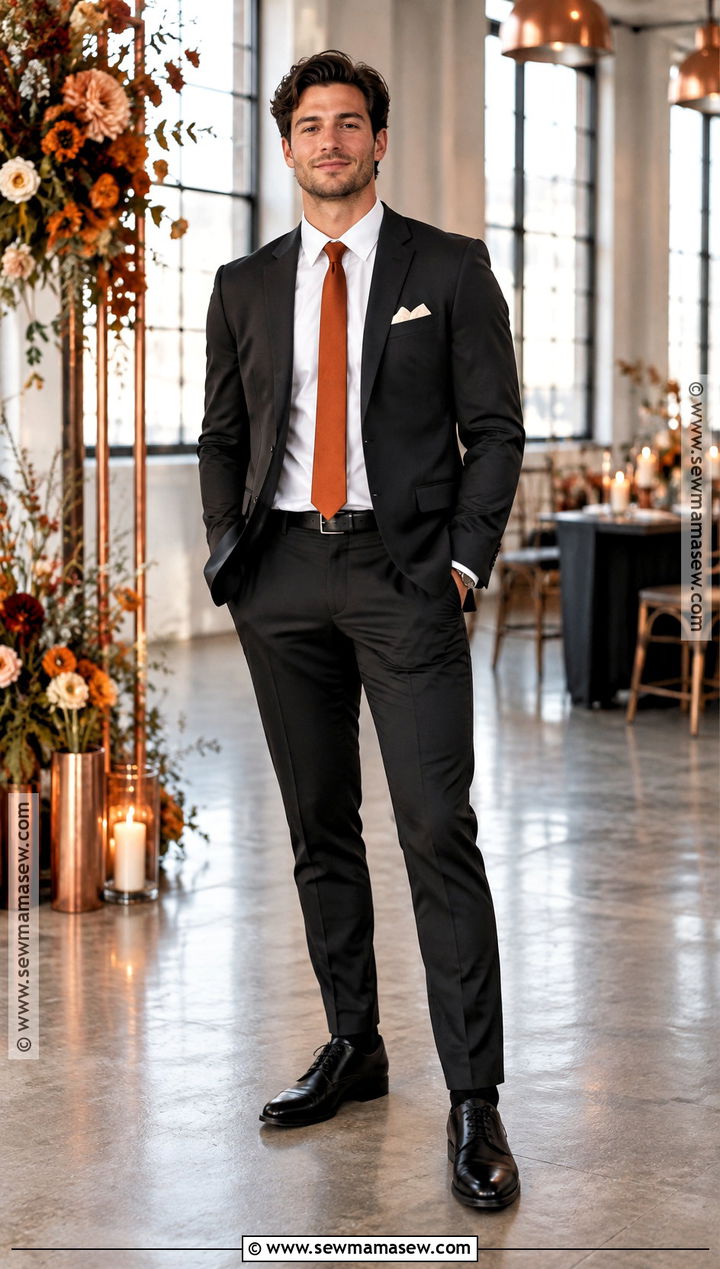 Black Groomsmen Suit With Burnt Orange Tie - 15 fall wedding party attire groomsmen ideas