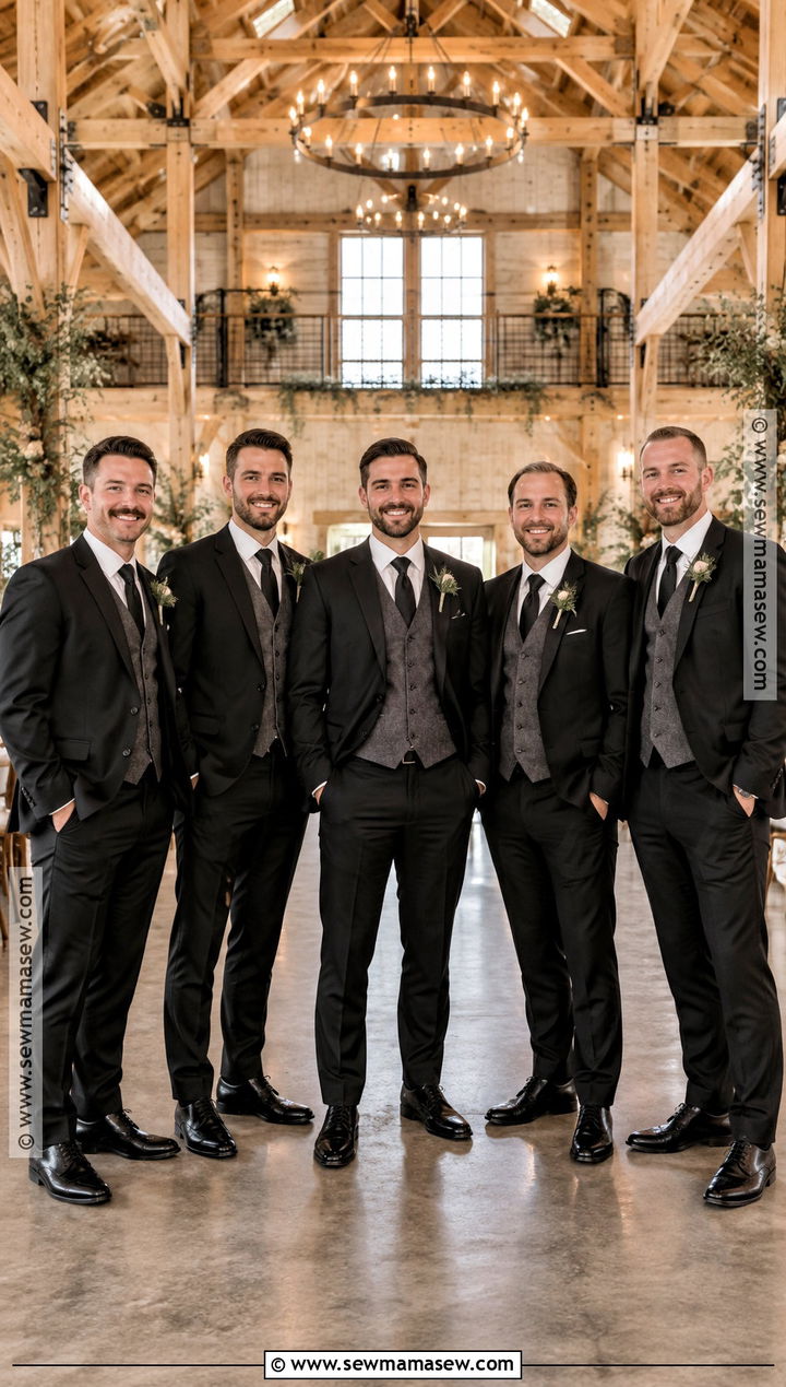 Black Groomsmen Suit With Patterned Vest - 15 fall wedding groomsmen attire black ideas