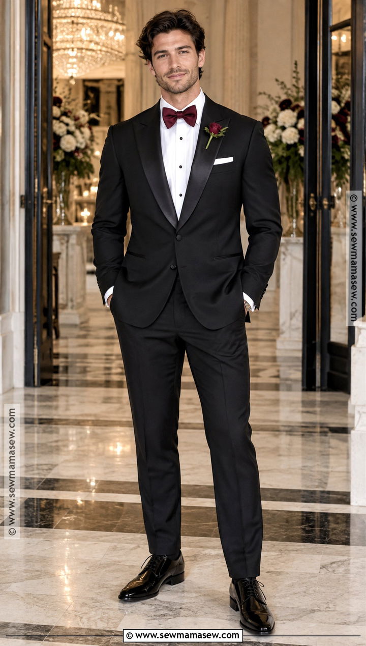 Black Groomsmen Tuxedo With Burgundy Bow Tie - 25 fall groomsmen attire ideas