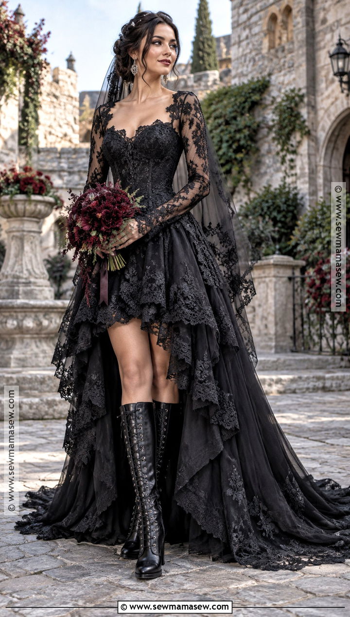 Black High Low Gothic Wedding Dress With Boots - 15 Gothic Fall Wedding Dress Ideas