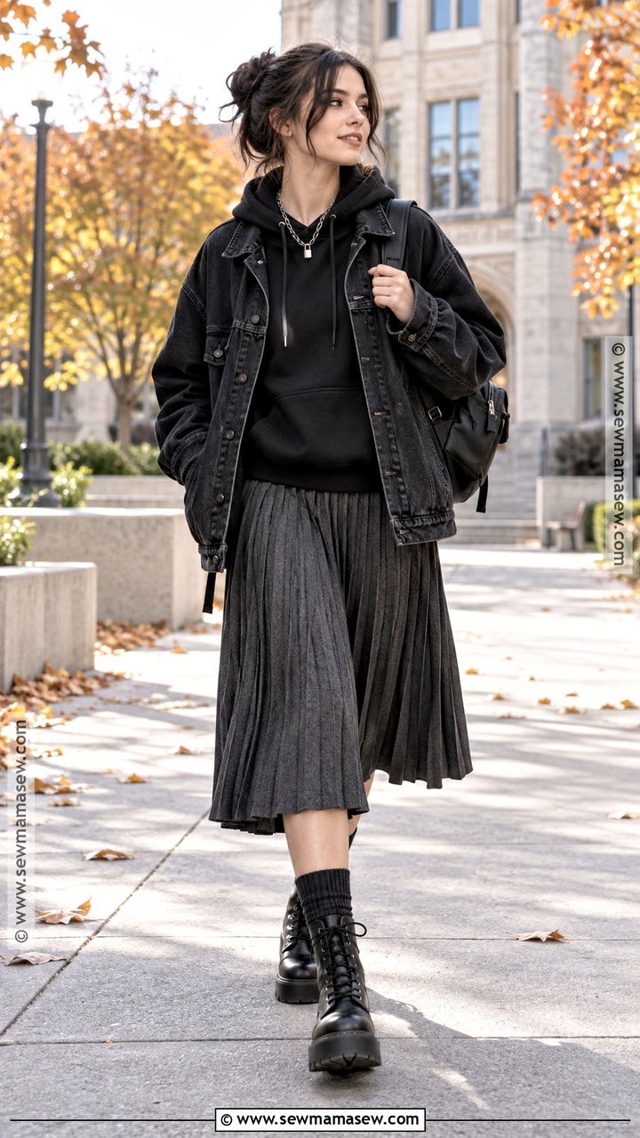 Black Hoodie And Pleated Midi Skirt - 20 Fall Gothic Outfits