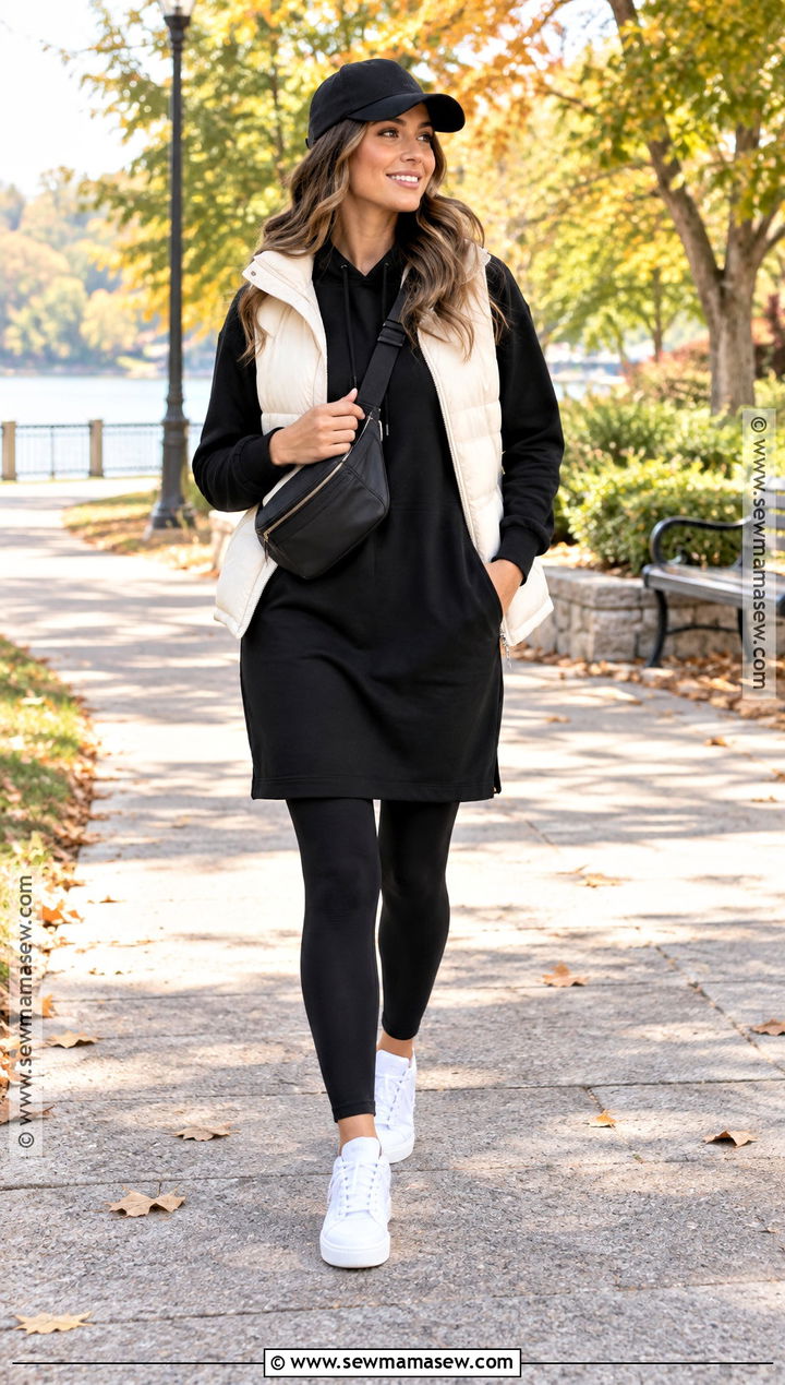 Black Hoodie Dress With Puffer Vest - 20 black dress autumn outfit ideas