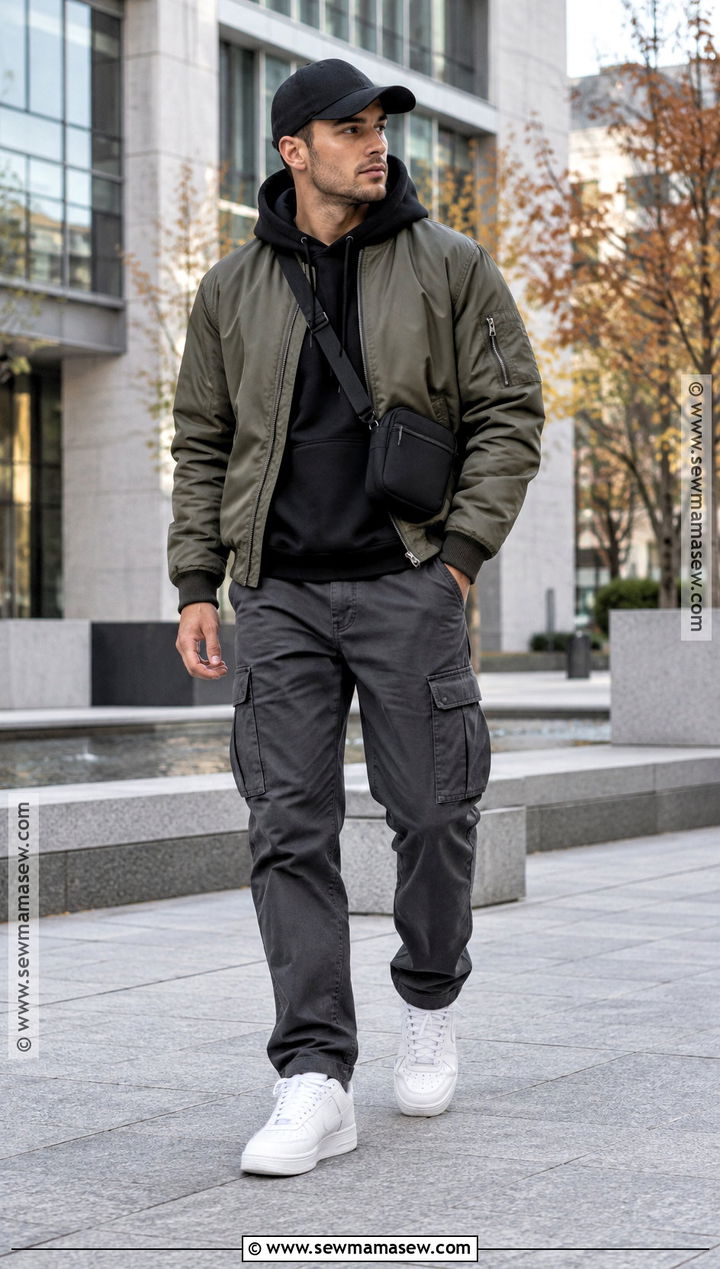 Black Hoodie With Bomber Jacket And Cargo Pants - 15 Fall Hoodie Outfit Ideas for Men