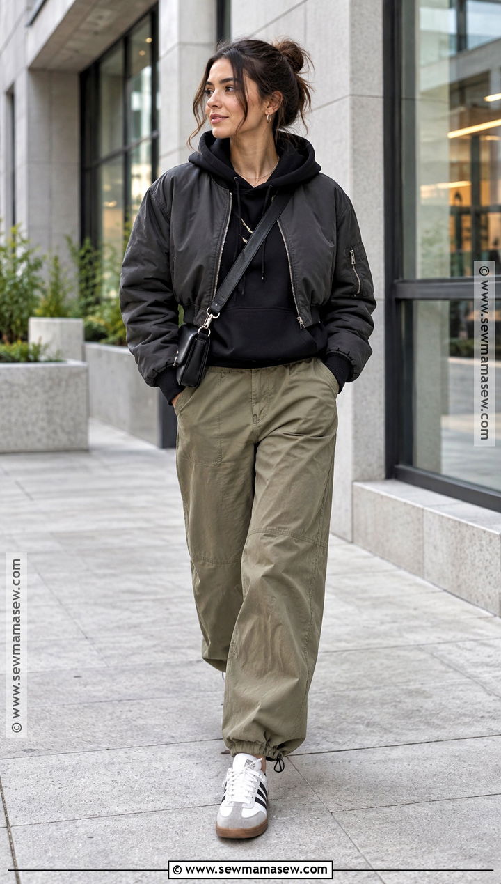 Black Hoodie With Bomber Jacket And Parachute Pants - 15 black hoodie fall fashion ideas