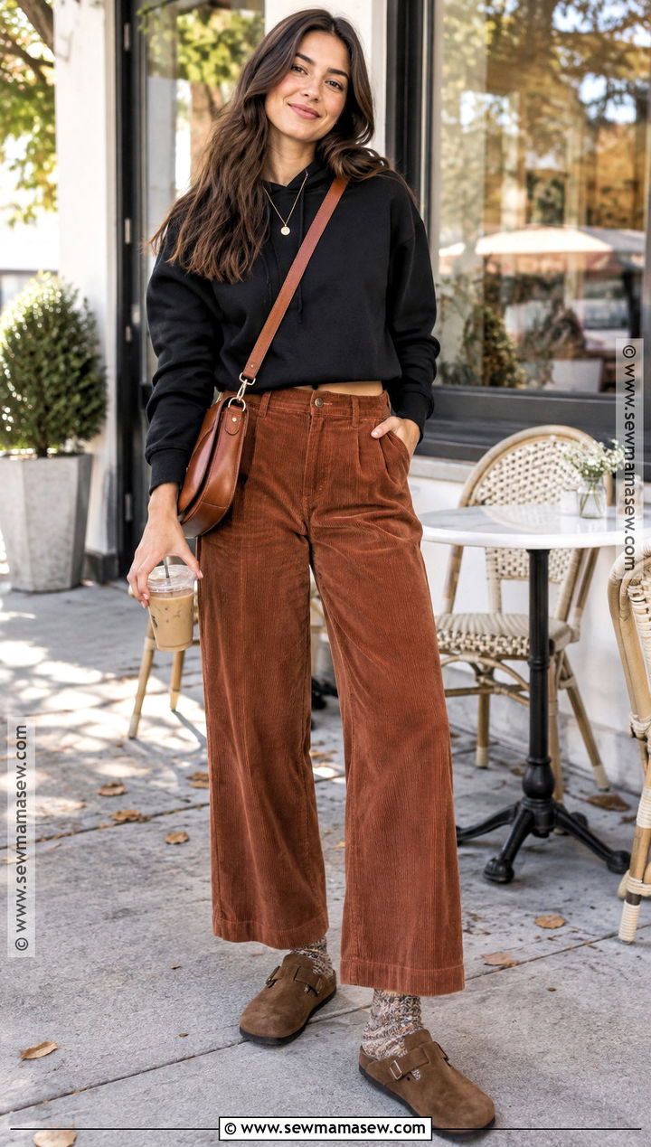 Black Hoodie With Corduroy Pants And Clogs - 15 black hoodie fall fashion ideas