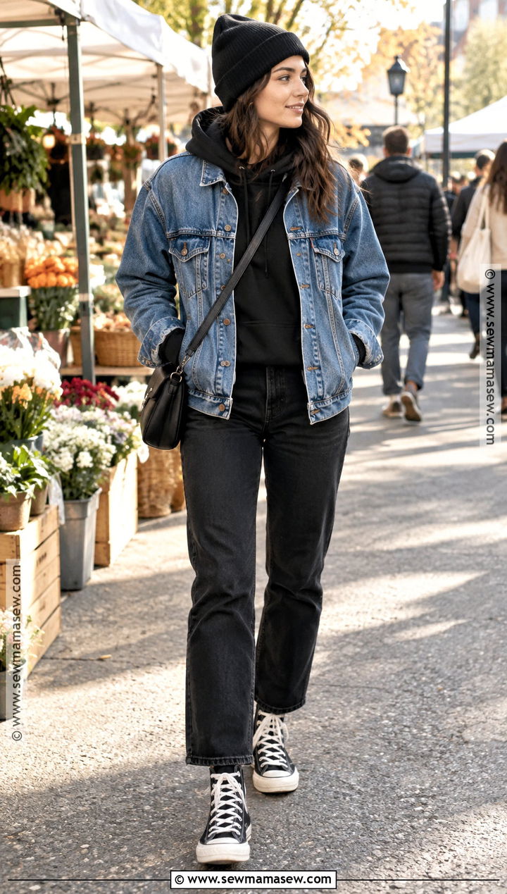 Black Hoodie With Denim Jacket And Black Jeans - 15 black hoodie fall fashion ideas