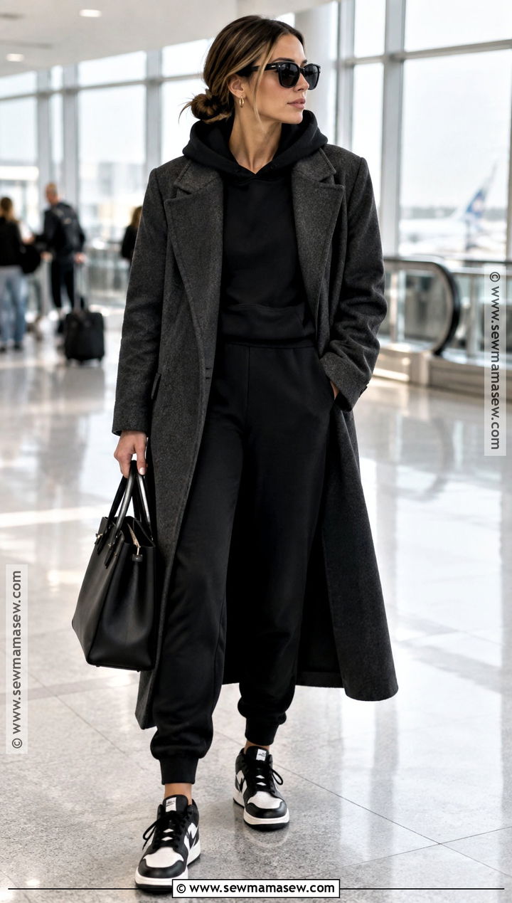 Black Hoodie With Joggers And Wool Coat - 15 black hoodie fall fashion ideas