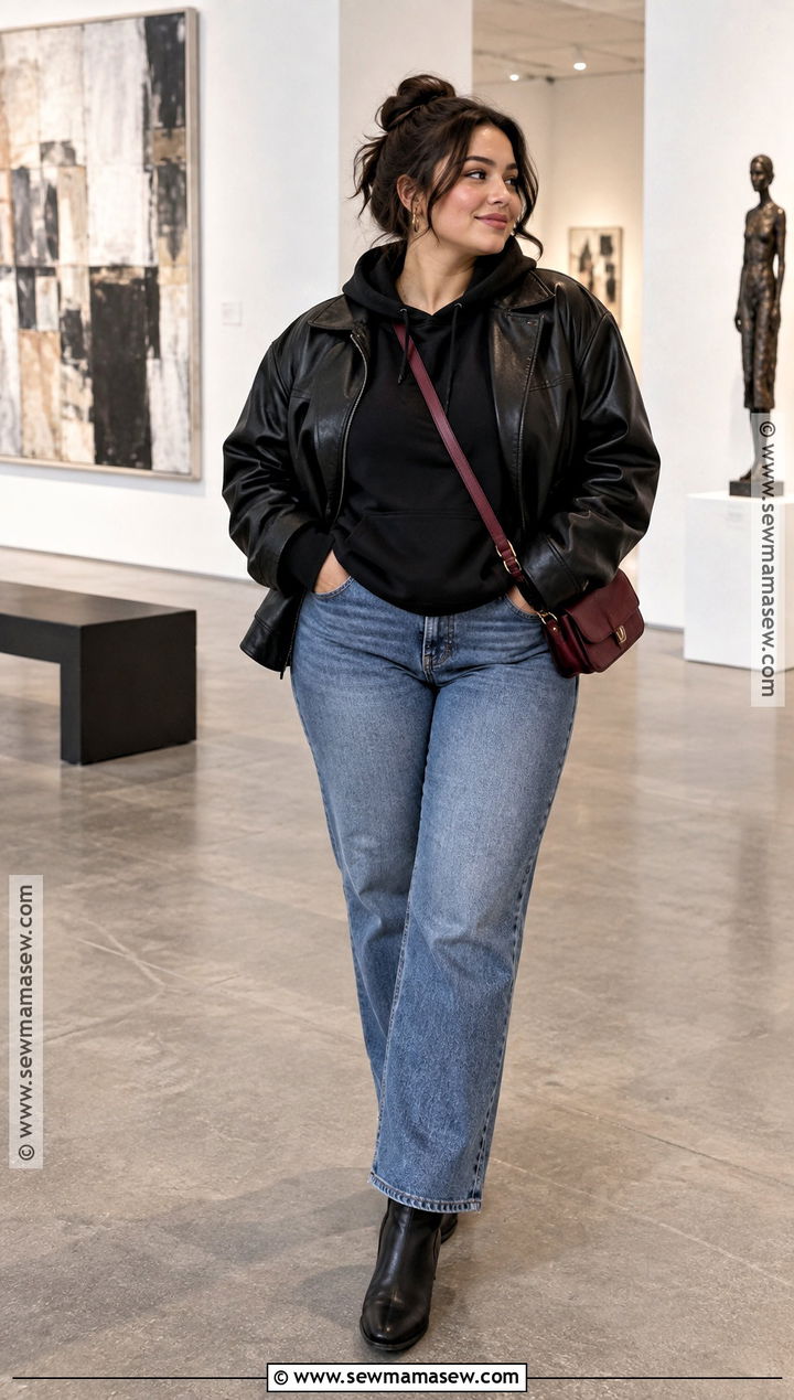Black Hoodie With Leather Jacket And Jeans - 20 fall hoodie outfit ideas