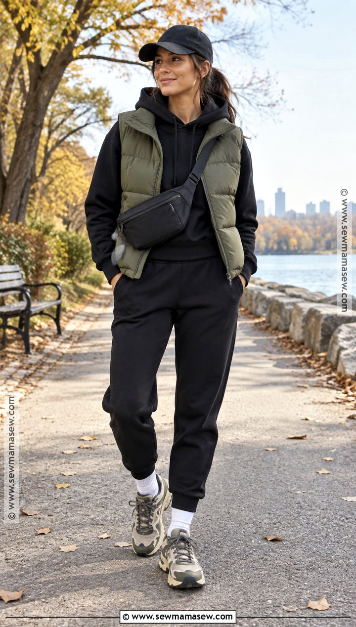 Black Hoodie With Puffer Vest And Joggers - 15 black hoodie fall fashion ideas