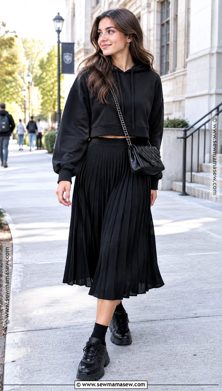 Black Hoodie and Pleated Skirt Fall Outfit - 15 Cute All Black Fall Outfits