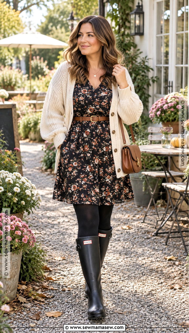 Black Hunter Boots With Floral Dress And Cardigan - 15 black hunter boots fall