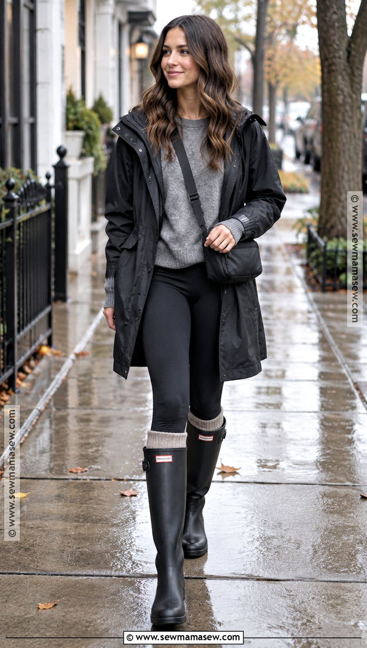 Black Hunter Rain Boots With Leggings And Raincoat - 20 hunter rainboots outfit fall ideas