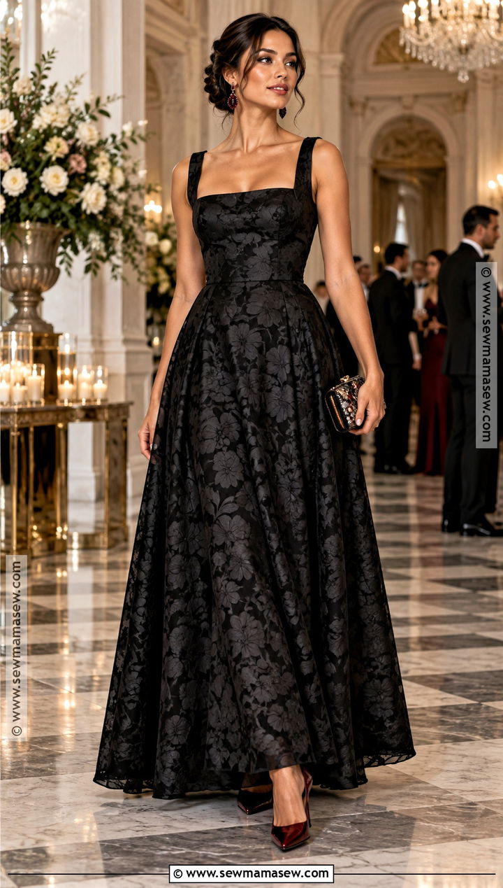 Black Jacquard Maxi Fall Wedding Guest Dress - 15 fall dresses wedding