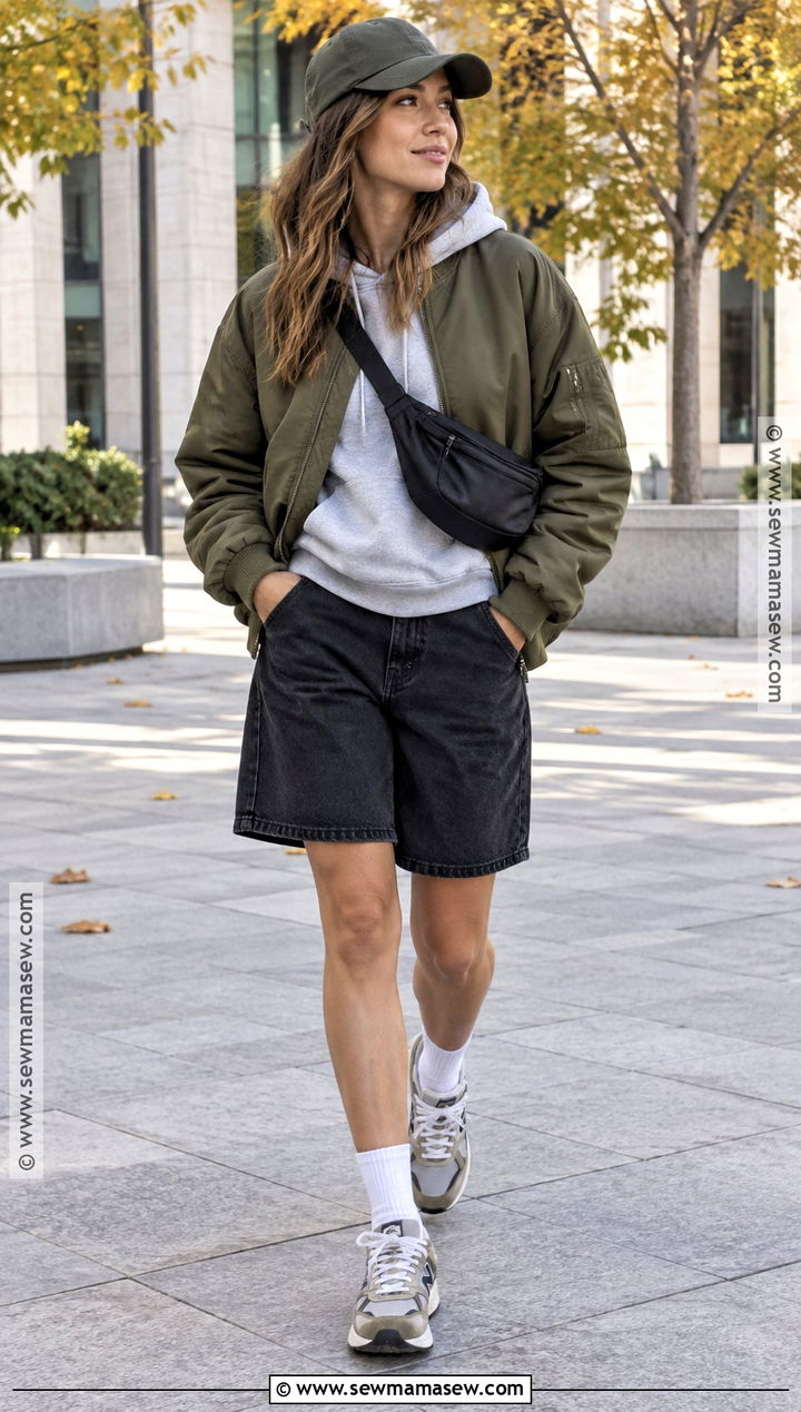Black Jean Shorts With Hoodie And Bomber Jacket - 15 Black Jean Shorts Outfit Fall Ideas