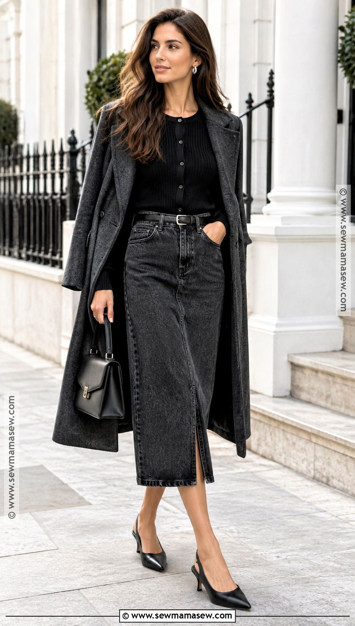 Black Jean Skirt With Black Cardigan And Slingbacks - 20 Black Jean Skirt Outfit Fall Ideas