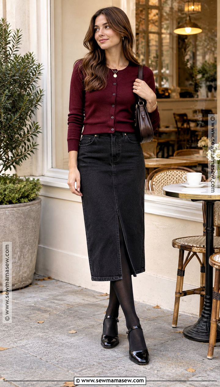Black Jean Skirt With Burgundy Cardigan And Mary Janes - 20 Black Jean Skirt Outfit Fall Ideas