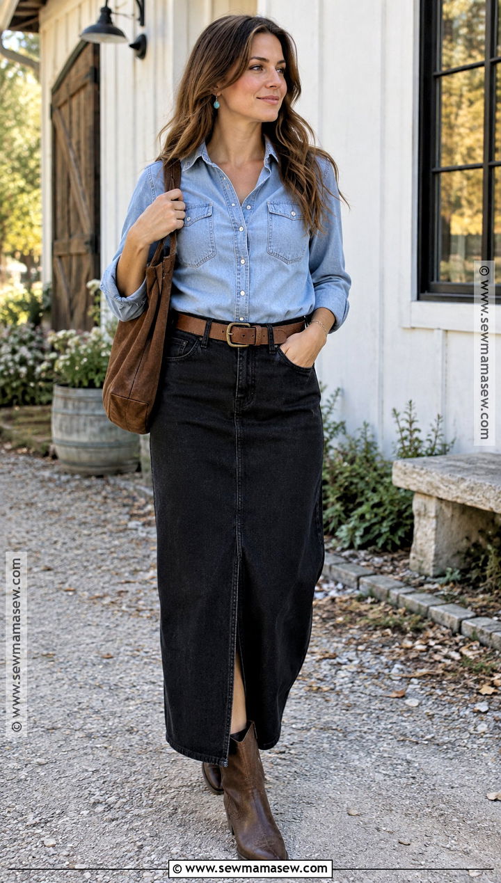 Black Jean Skirt With Chambray Shirt And Western Boots - 20 Black Jean Skirt Outfit Fall Ideas