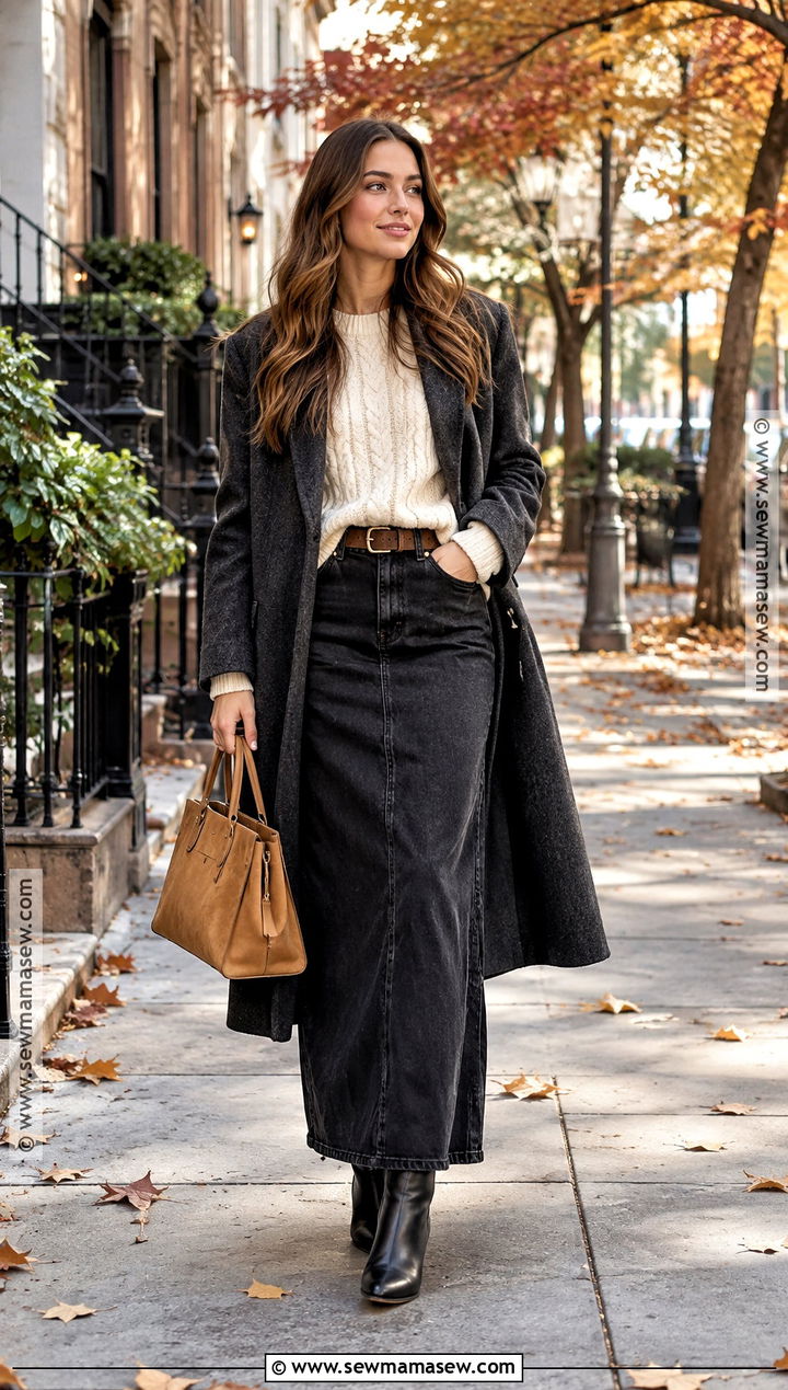 Black Jean Skirt With Cream Sweater And Boots - 20 fall outfit jean skirt ideas