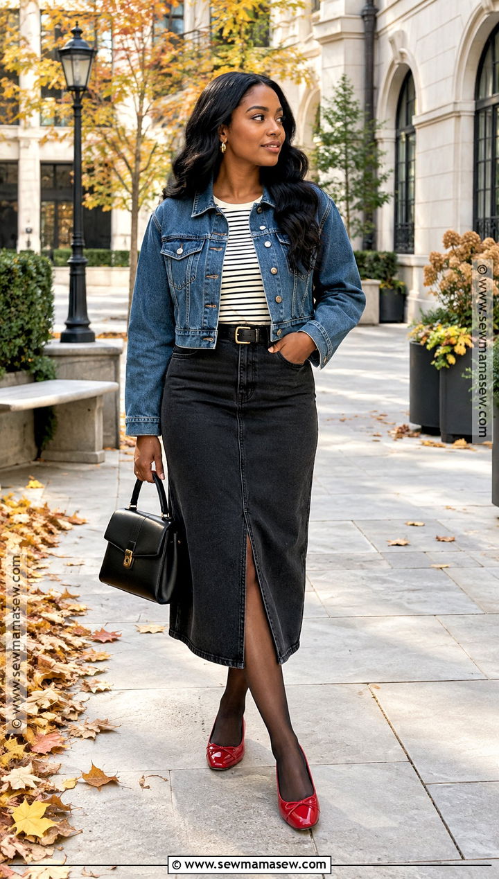 Black Jean Skirt With Denim Jacket And Red Flats - 20 Black Jean Skirt Outfit Fall Ideas