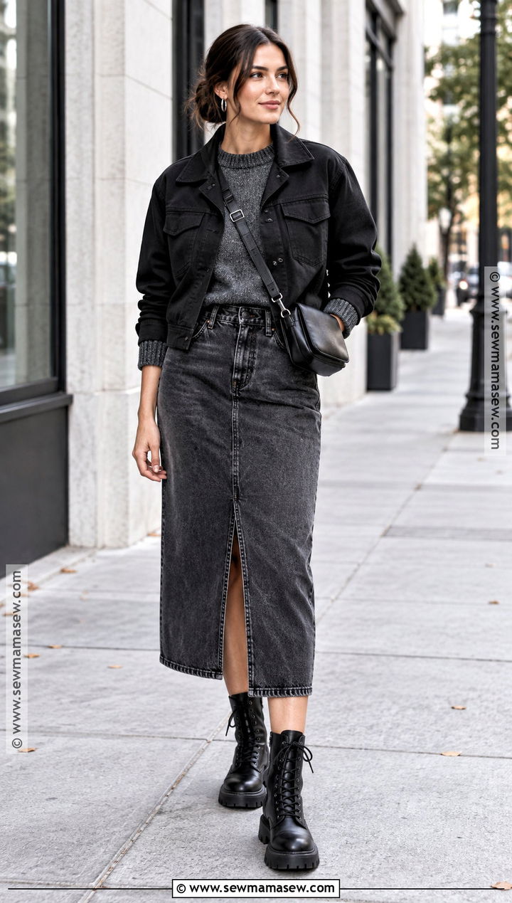 Black Jean Skirt With Gray Sweater And Combat Boots - 25 fall outfits jean skirt