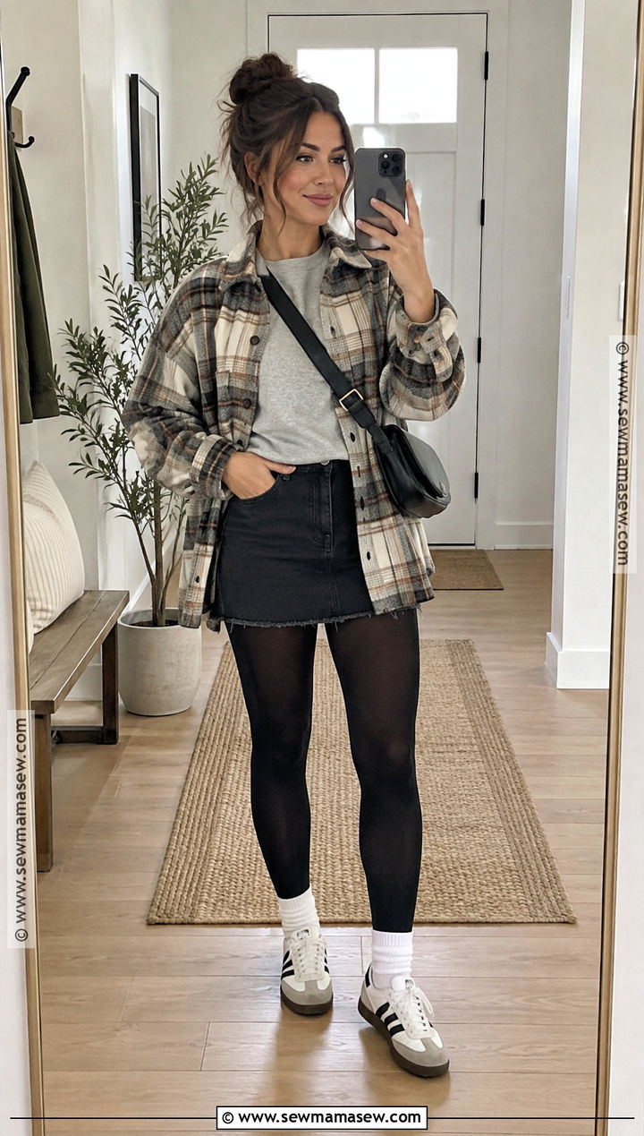 Black Jean Skirt With Plaid Shacket And Sneakers - 20 Black Jean Skirt Outfit Fall Ideas