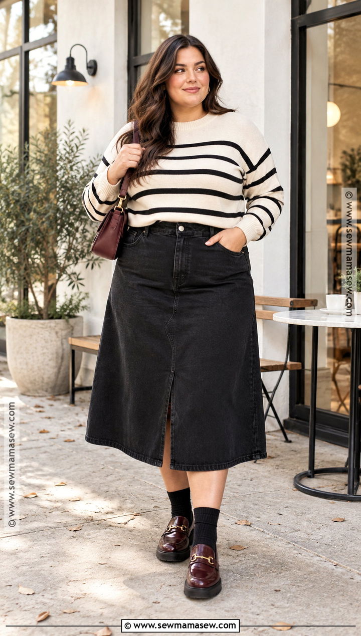 Black Jean Skirt With Striped Sweater And Loafers - 20 Black Jean Skirt Outfit Fall Ideas