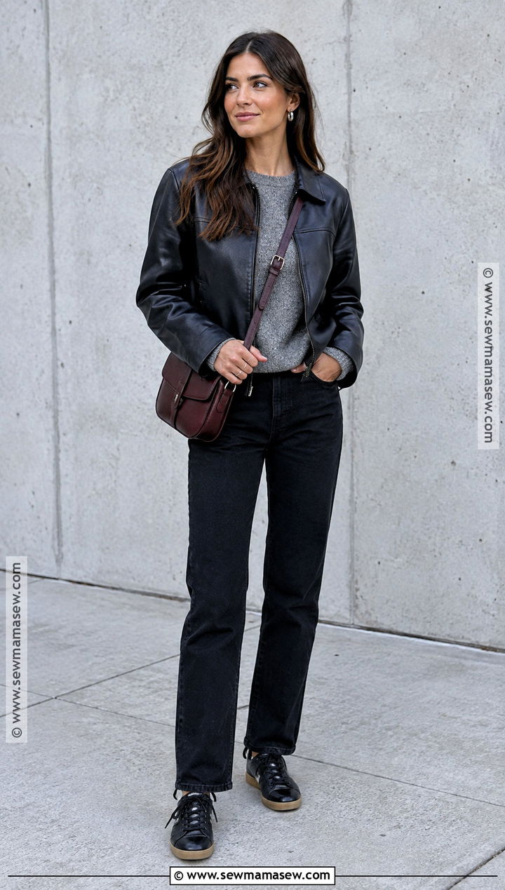 Black Jeans And Black Sneakers With A Leather Jacket - 15 Fall Outfits Jeans And Sneakers
