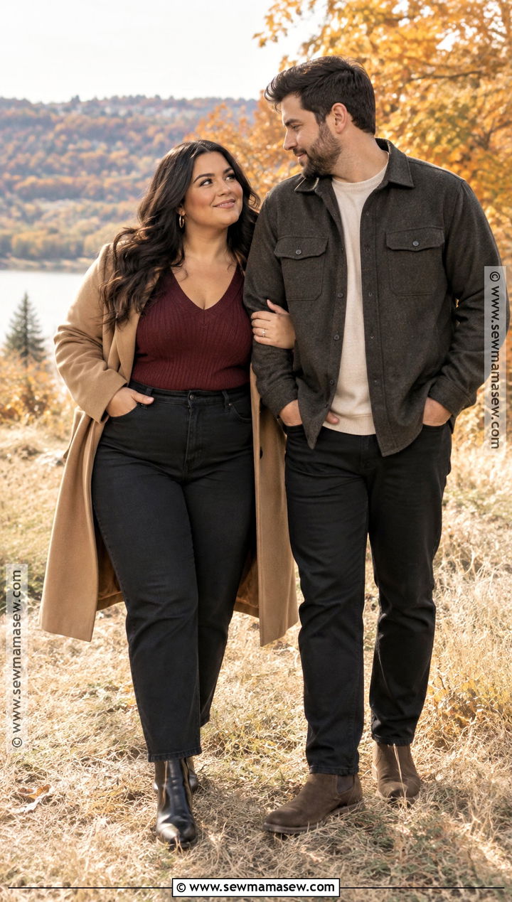 Black Jeans And Burgundy Sweater Engagement Photo Outfit - 20 plus size engagement photos outfits fall