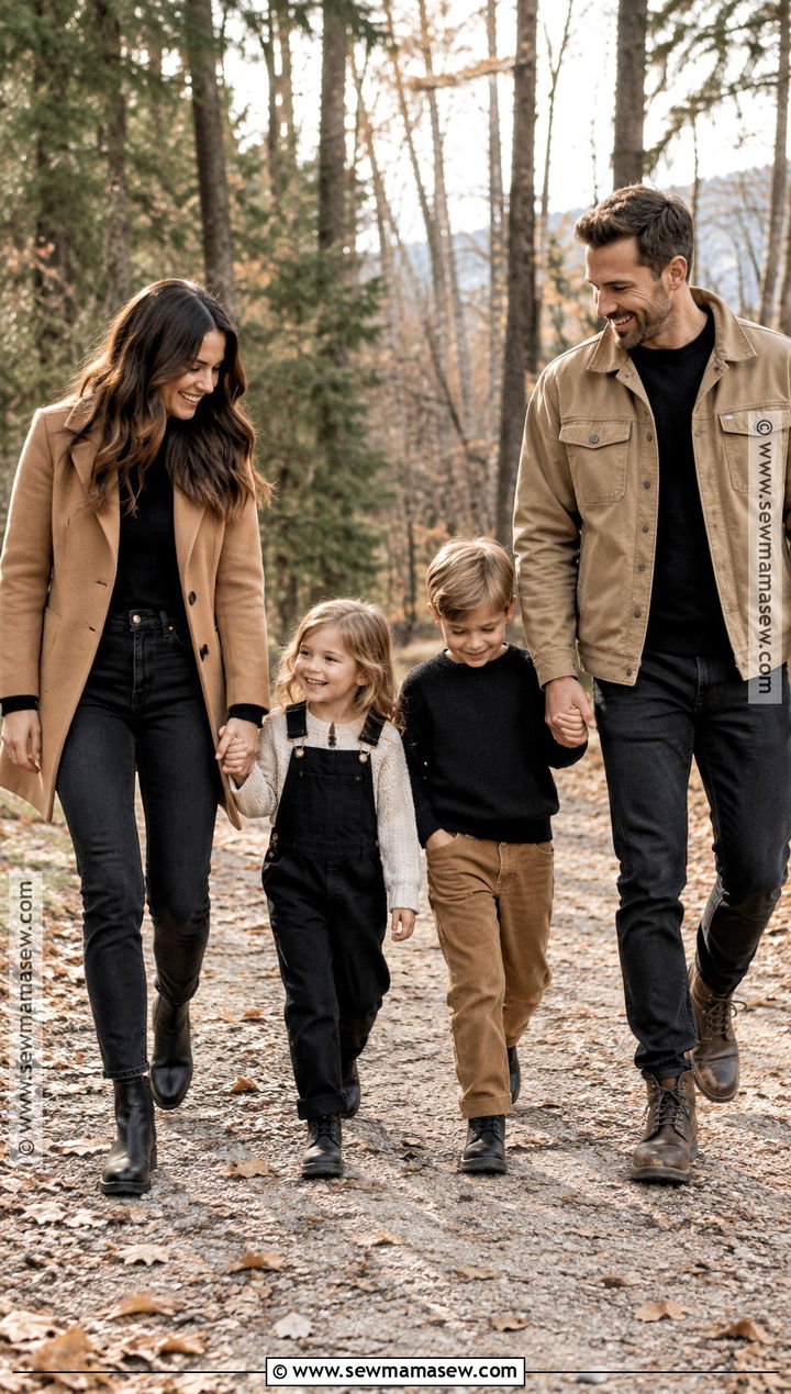 Black Jeans And Camel Jacket Family Outfit - 15 fall family pictures outfits black and tan