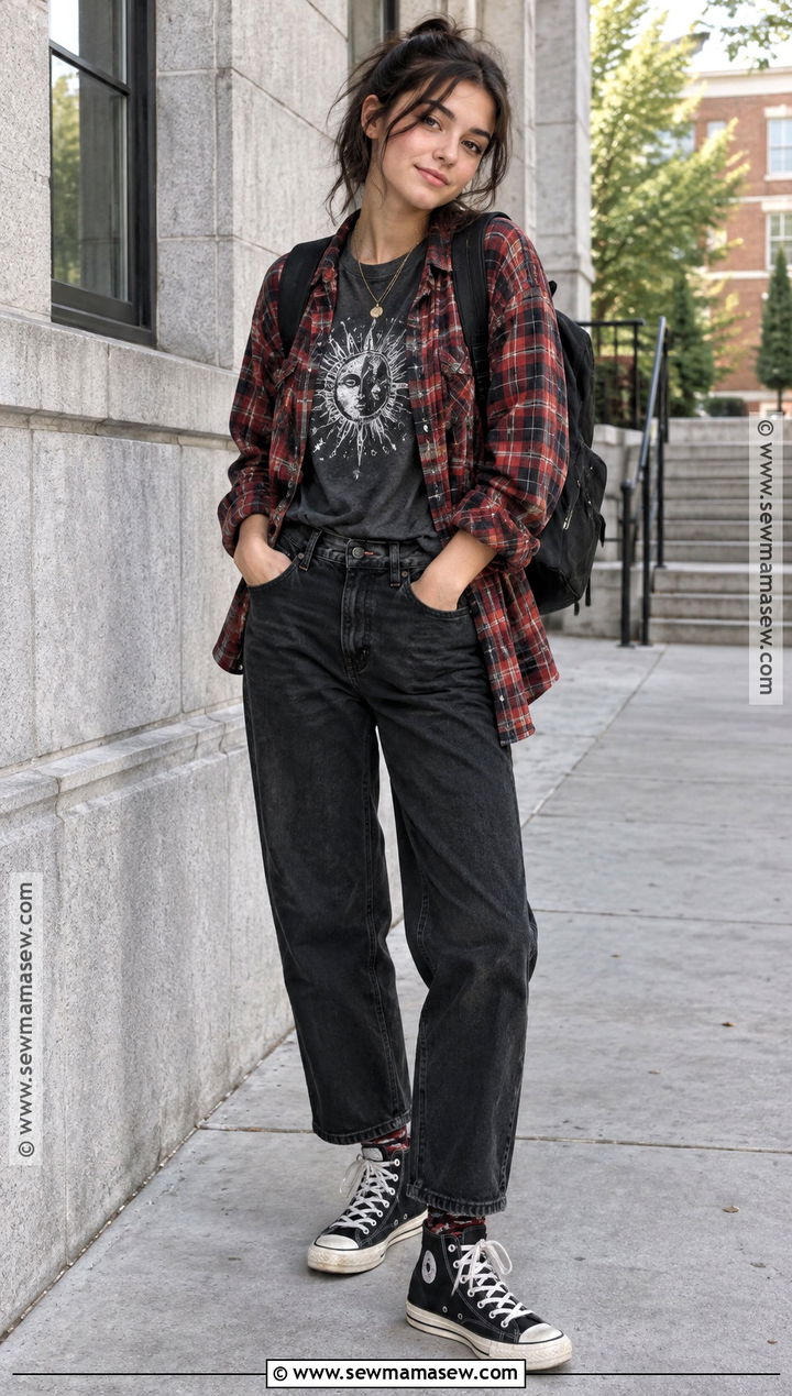 Black Jeans And Flannel Shirt Outfit - 15 back-to-school fashion ideas