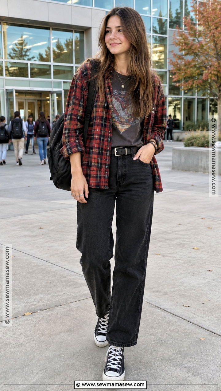 Black Jeans And Flannel Shirt Outfit - 15 Back To School Fits 2026