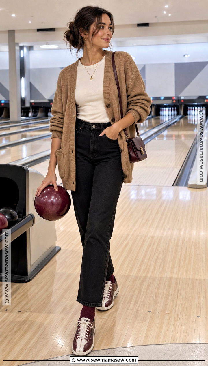 Black Jeans And Oversized Cardigan Bowling Outfit - 15 bowling outfit ideas fall