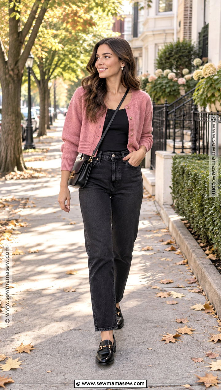 Black Jeans And Pink Cardigan Fall Outfit - 15 fall fashion black and pink ideas