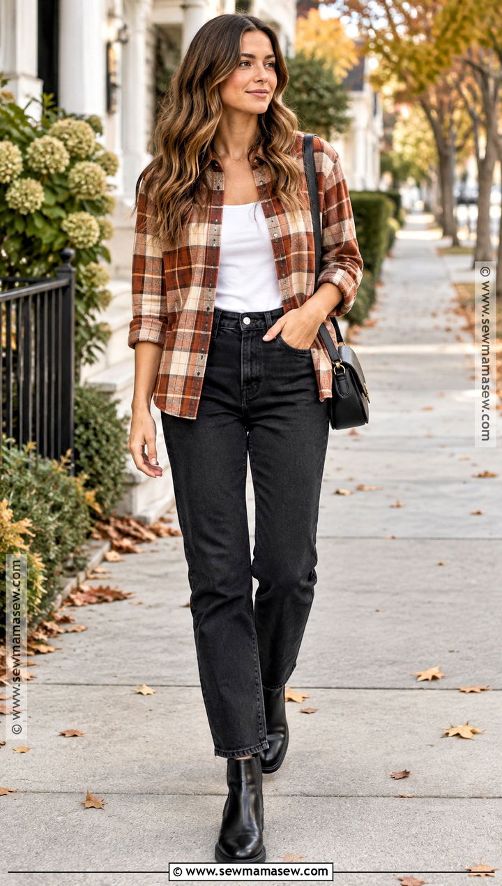 Black Jeans And Plaid Shirt Fall Outfit - 25 easy fall outfits casual