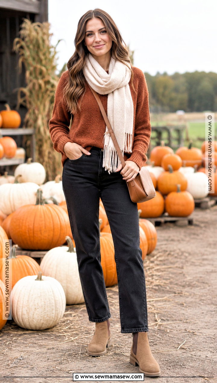 Black Jeans And Rust Sweater Pumpkin Patch Outfit - 25 pumpkin patch outfits