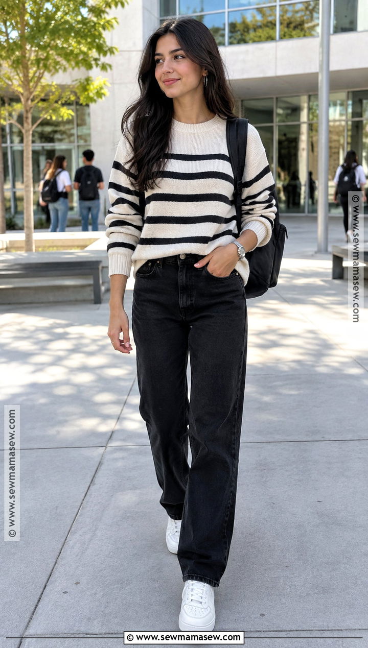 Black Jeans And Striped Sweater Back To School Outfit - 25 back to school fits