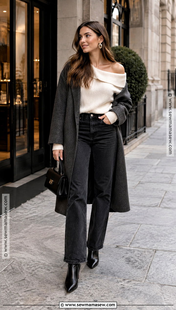 Black Jeans Date Outfit With Off Shoulder Sweater - 25 date outfit fall ideas