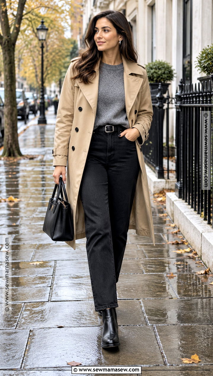 Black Jeans Trench Coat and Chelsea Boots - 15 fall outfit jeans and boots