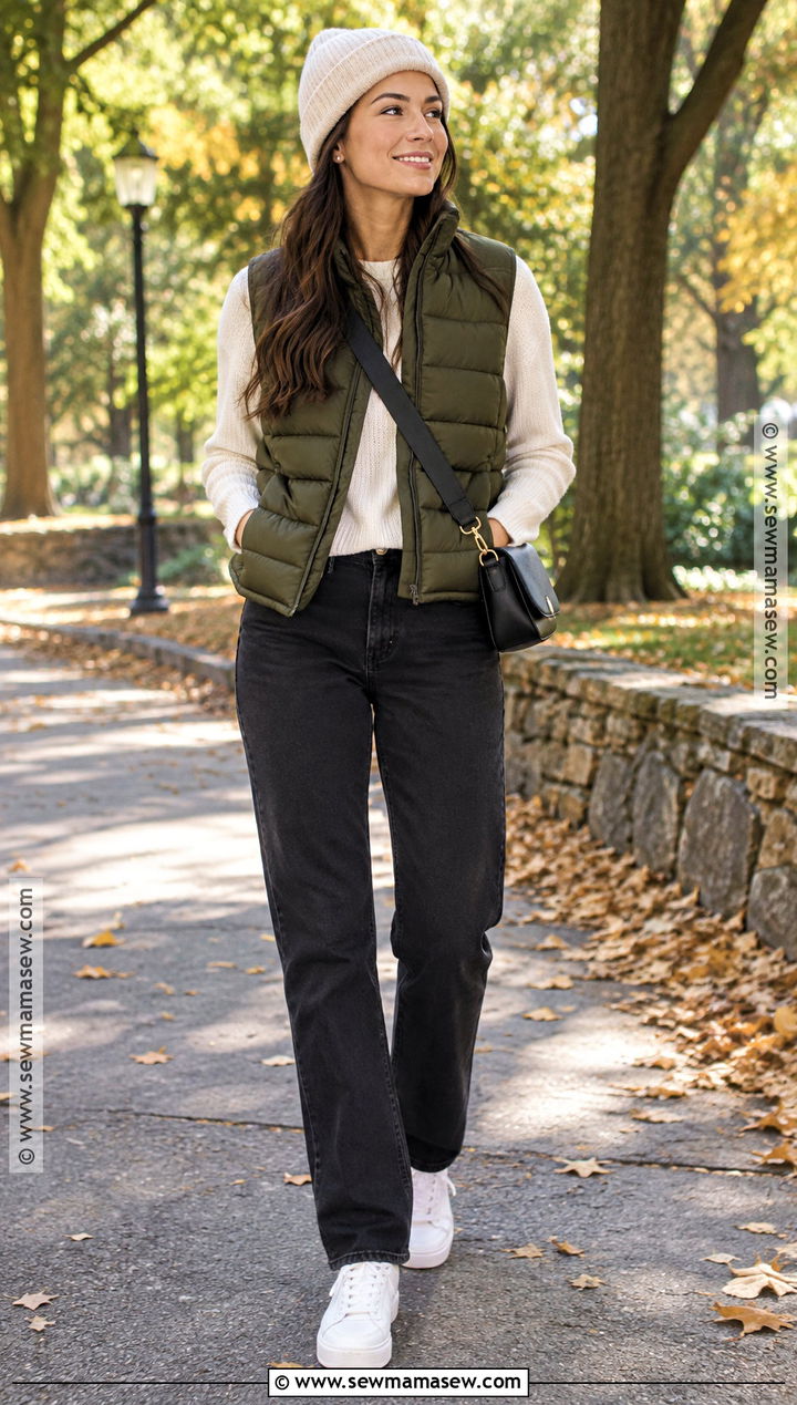 Black Jeans With A Puffer Vest - 20 fall jean outfits for women