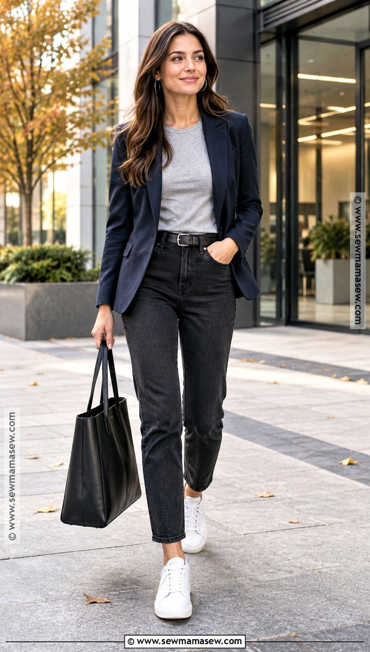 Black Jeans With Blazer And Sneakers Outfit - 20 black jeans autumn outfit
