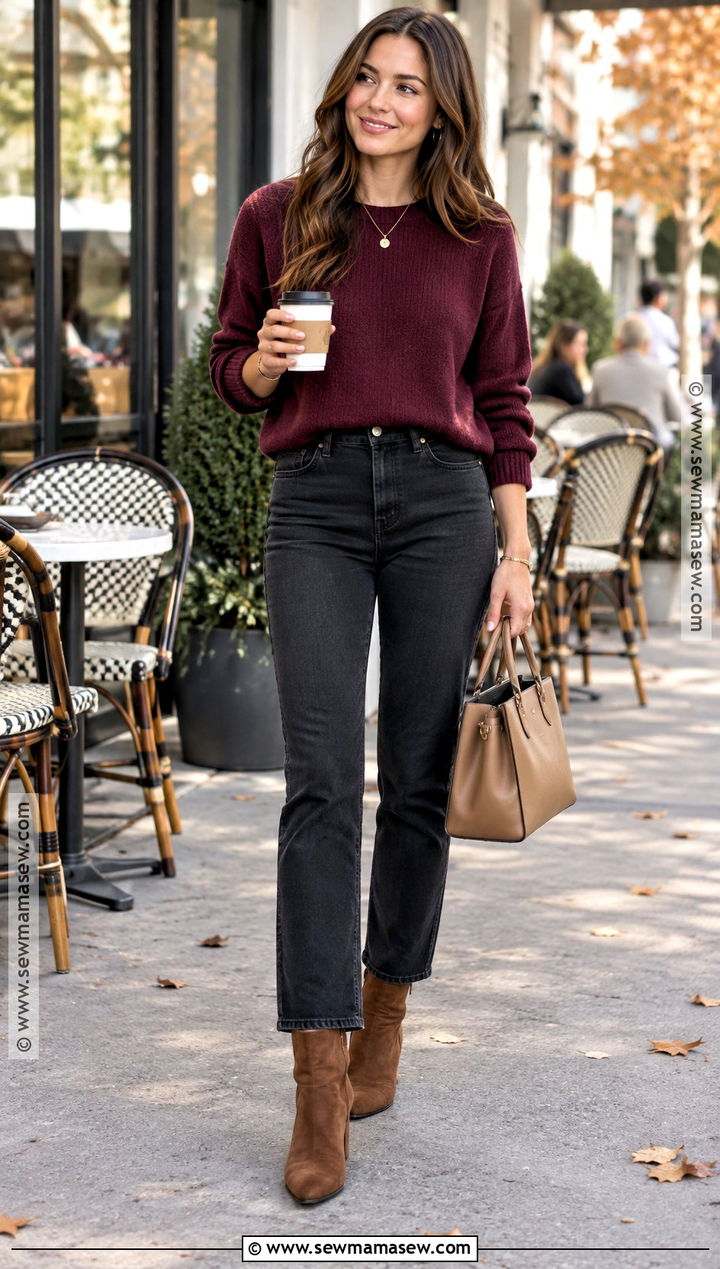 Black Jeans With Burgundy Sweater Outfit - 20 black jeans autumn outfit