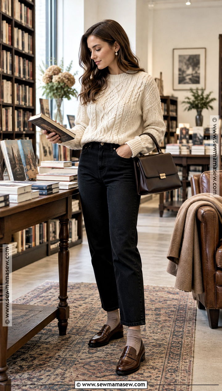 Black Jeans With Cable Knit Sweater And Loafers - 25 black jeans outfit fall