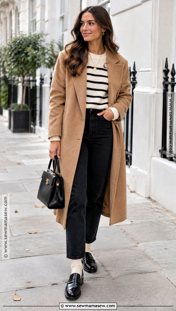 Black Jeans With Camel Coat And Loafers - 20 black jeans outfit autumn