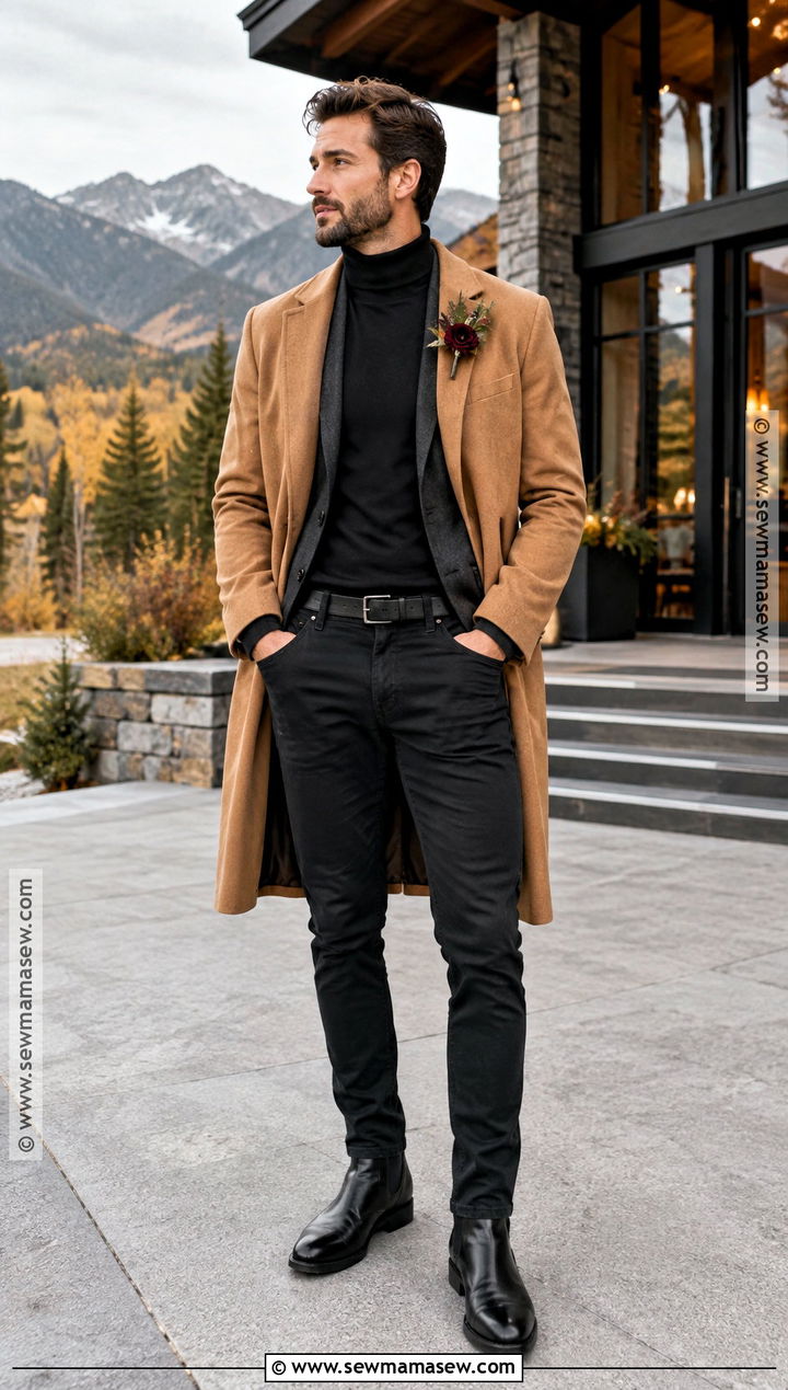 Black Jeans With Camel Overcoat - 15 fall wedding groom attire jeans