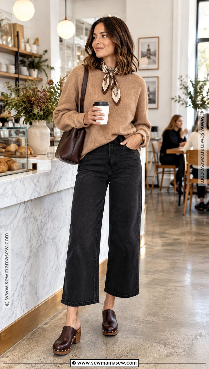 Black Jeans With Camel Sweater And Clogs - 25 Black Jeans Fall Outfit