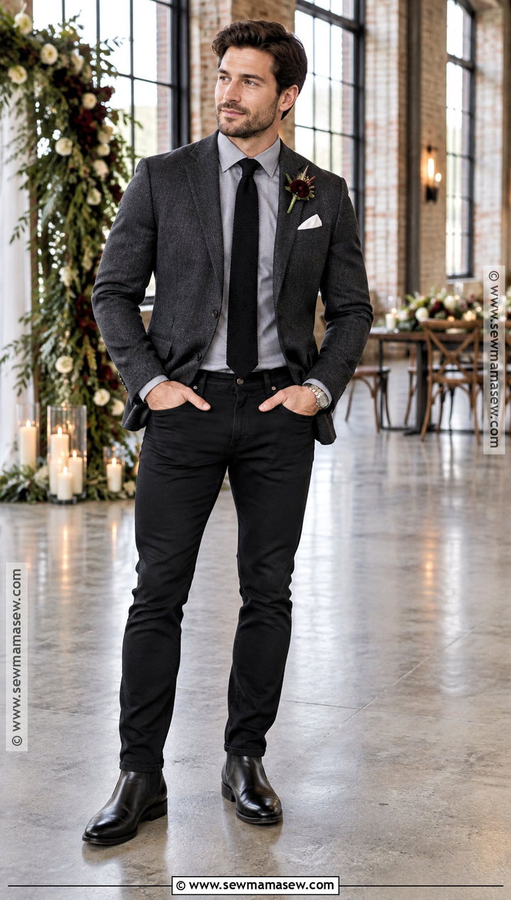 Black Jeans With Charcoal Wool Blazer - 15 fall wedding groom attire jeans