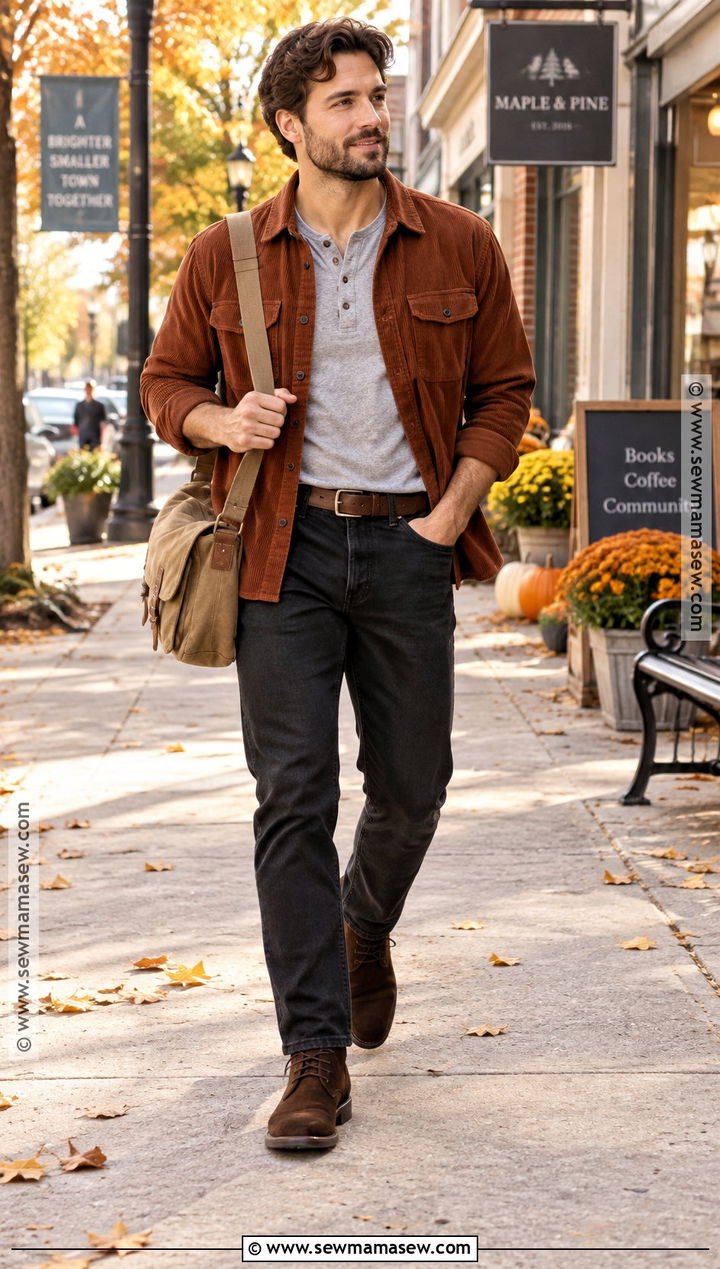 Black Jeans With Corduroy Overshirt And Suede Boots - 15 Black Pants Fall Outfit for Men