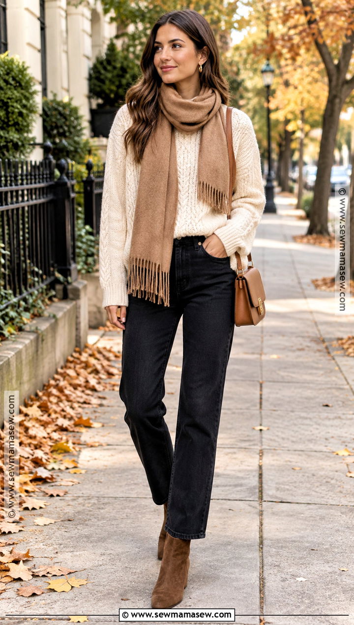 Black Jeans With Cream Sweater And Ankle Boots - 20 black jeans outfit autumn